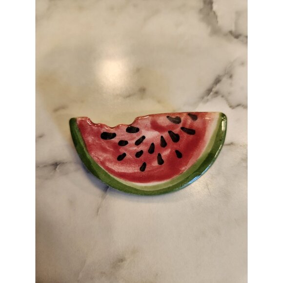 Vintage Ceramic Watermelon Slice Brooch Pin Back Handpainted - Picture 1 of 3